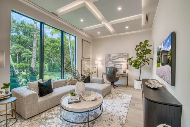 a living room with furniture potted plant and a large window