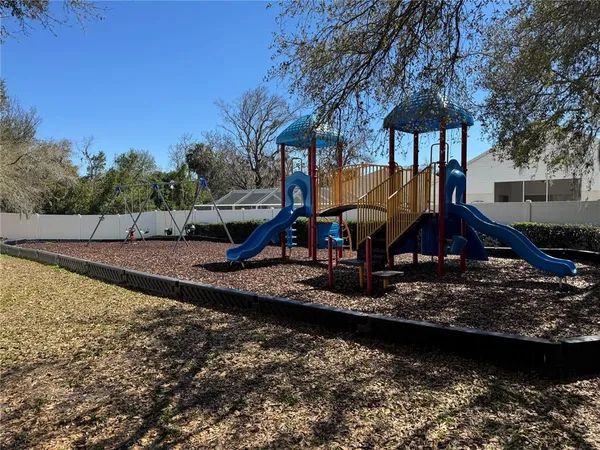 a view of a park with large trees