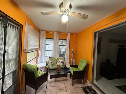 a building outdoor space with patio furniture