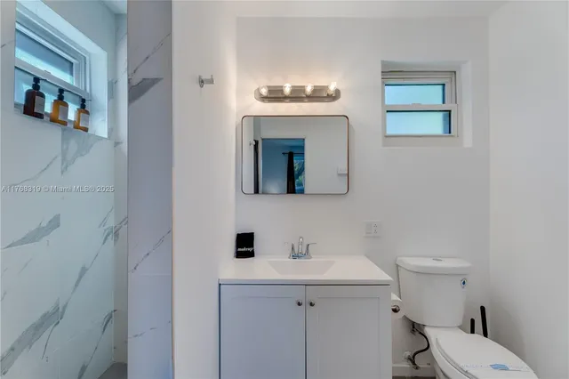 a bathroom with a sink a toilet and mirror