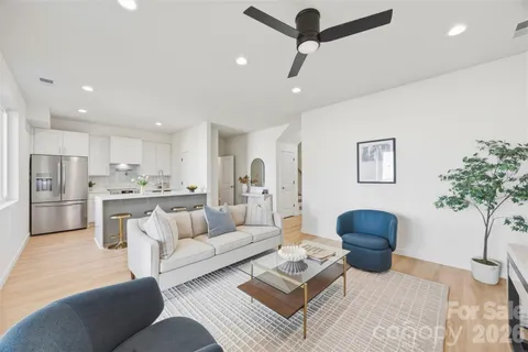 a living room with furniture and a potted plant
