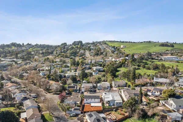 an aerial view of residential houses with outdoor space and trees