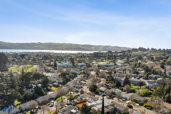 an aerial view of residential houses with outdoor space and trees