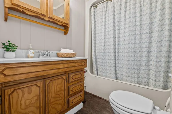a bathroom with a sink a toilet and shower curtain