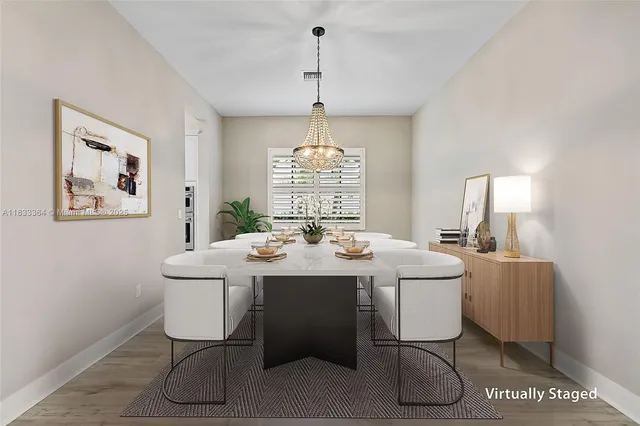 a view of a dining room with furniture window and outside view