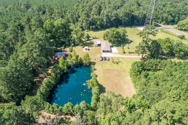an aerial view of residential house with outdoor space and trees all around