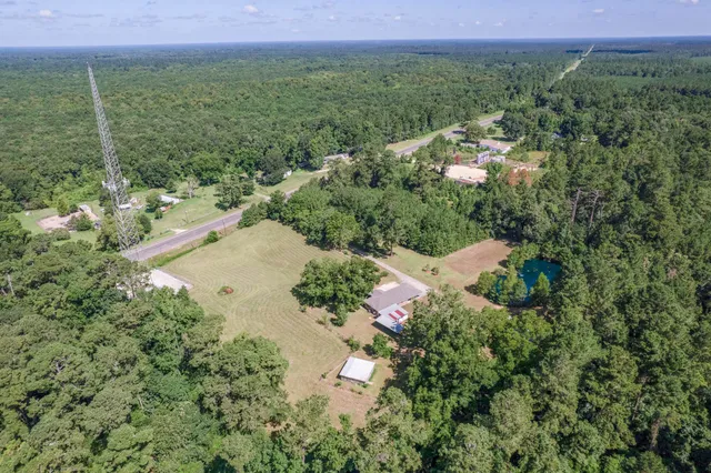 a view of a lush green field with lots of trees in it