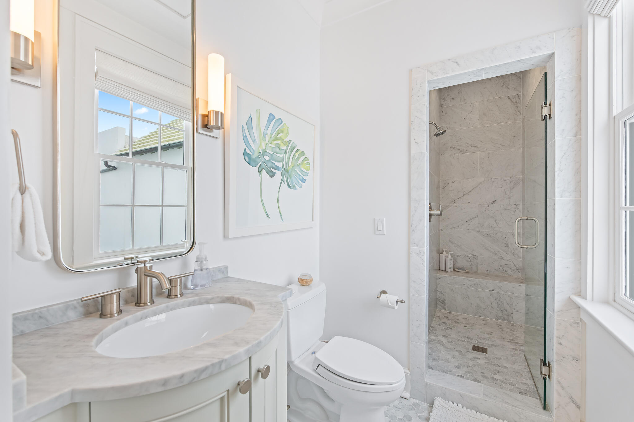 36 Seven Wells Court, Unit A4 Inlet Beach, FL 32461 - Photo 11 of 21 a bathroom with a granite countertop sink toilet a mirror a vanity and shower