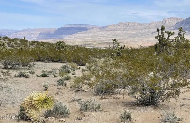 a view of mountain with sunset in background