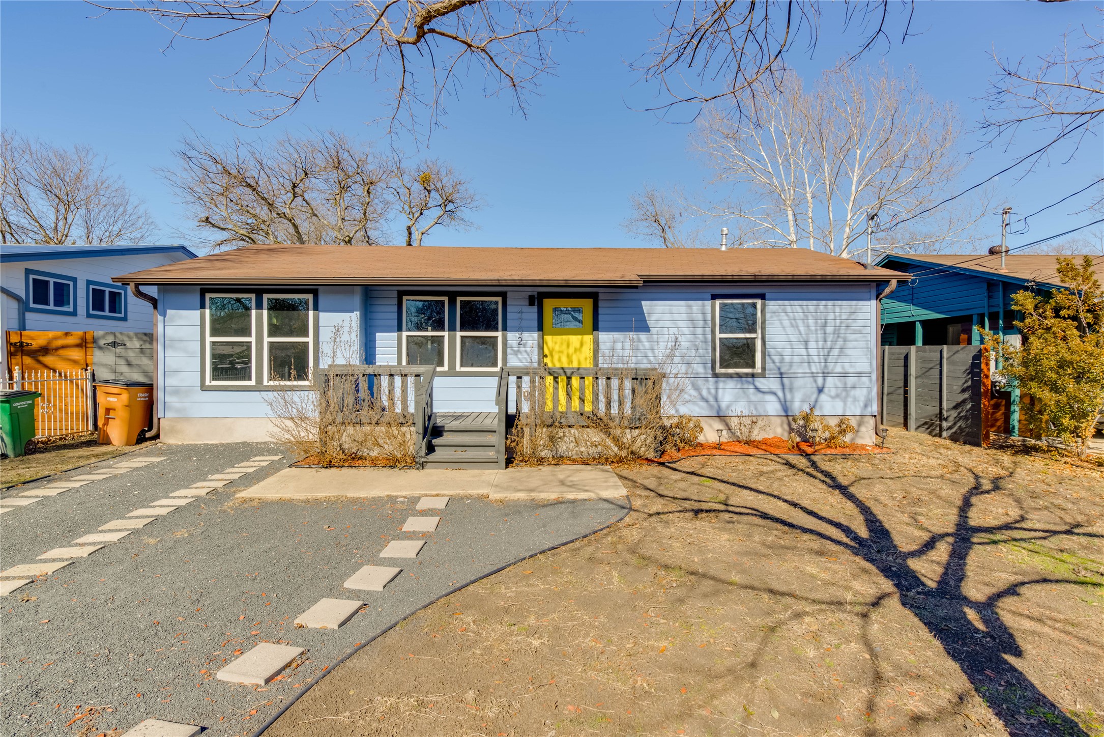 a front view of a house with patio