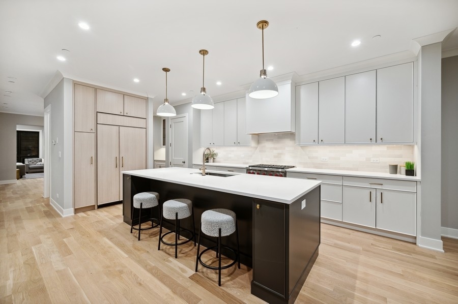 2004 West Addison Street, Unit 1E Chicago, IL 60618 - Photo 7 of 27 a kitchen with kitchen island granite countertop a sink a center island and cabinets
