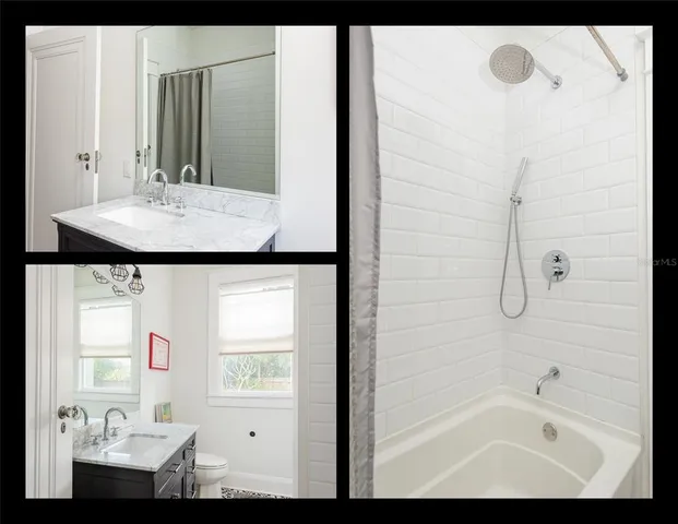 a bathroom with a tub sink and mirror