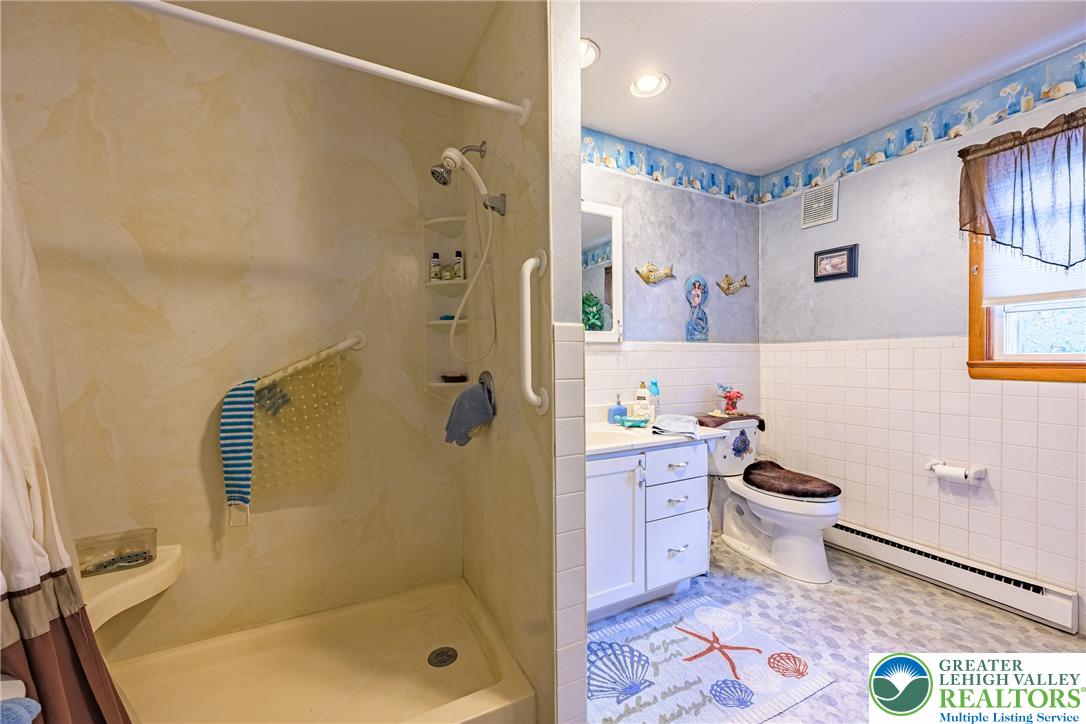 678 Interchange Road Kresgeville, PA 18333 - Photo 31 of 45 A well-lit primary bathroom features a walk-in shower and vanity with a mirror.