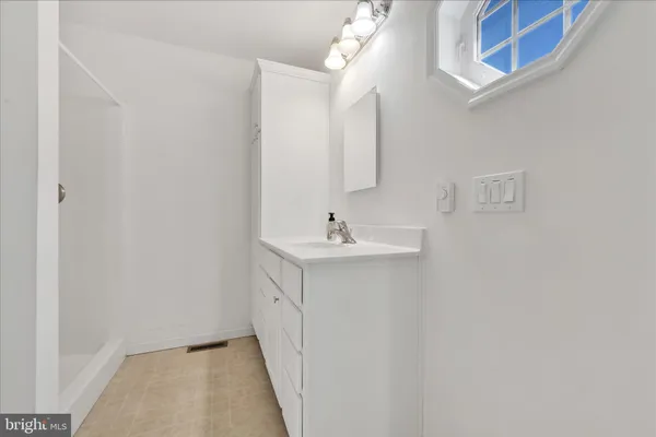 a bathroom with a sink a mirror and a shower