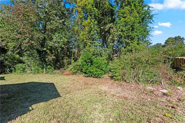 a view of a yard with plants and a bench