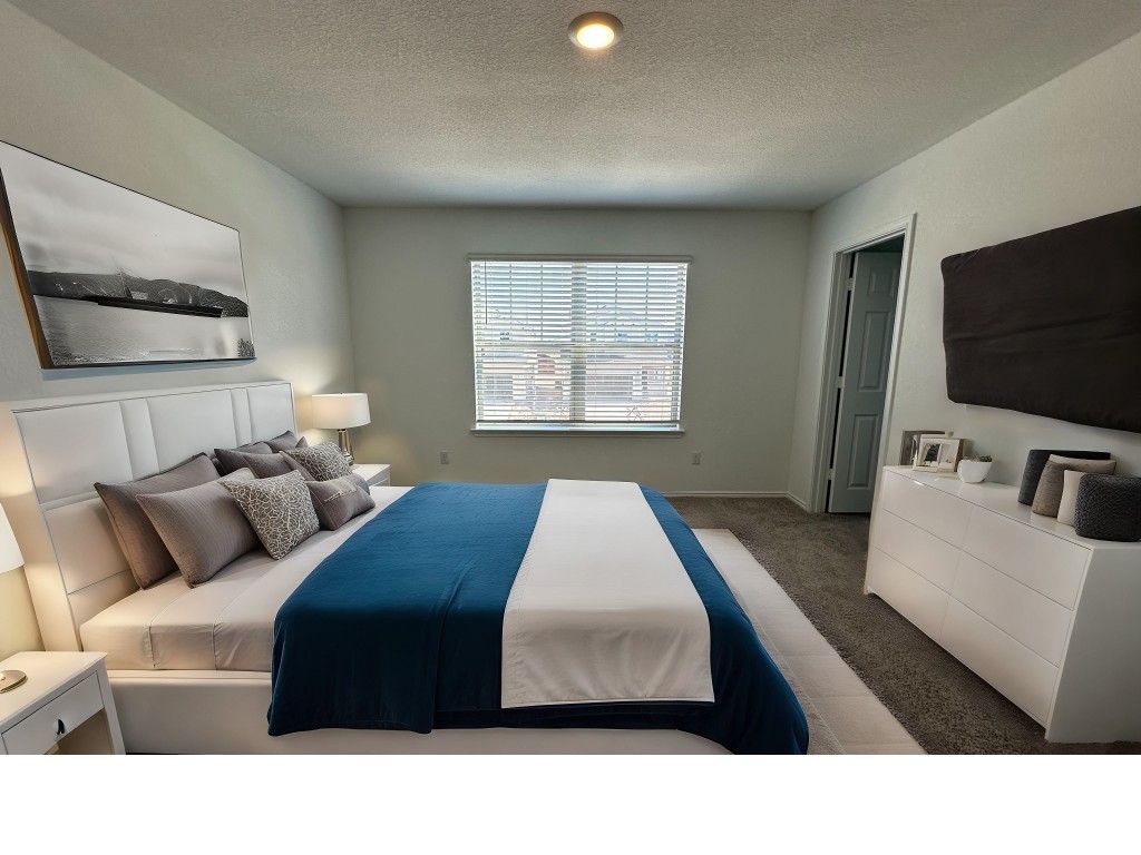 253 Redonda Drive Liberty Hill, TX 78642 - Photo 12 of 18 a living room with a bed a flat screen tv and a window