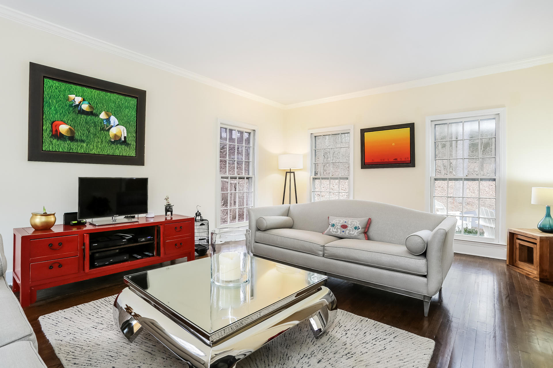 42 Valley Road New Canaan, CT 06840 - Photo 14 of 30 a living room with furniture and a flat screen tv