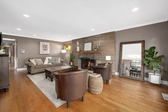 a living room with furniture a fireplace and a potted plant