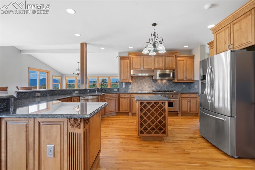 1680 Elk View Road Larkspur, CO 80118 - Photo 11 of 50 a kitchen with stainless steel appliances granite countertop a sink refrigerator and cabinets