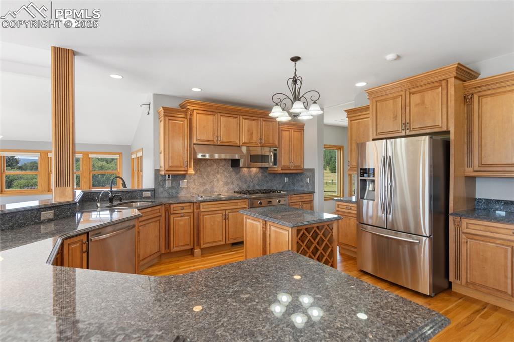 1680 Elk View Road Larkspur, CO 80118 - Photo 12 of 50 a kitchen with stainless steel appliances granite countertop a sink a stove and a refrigerator