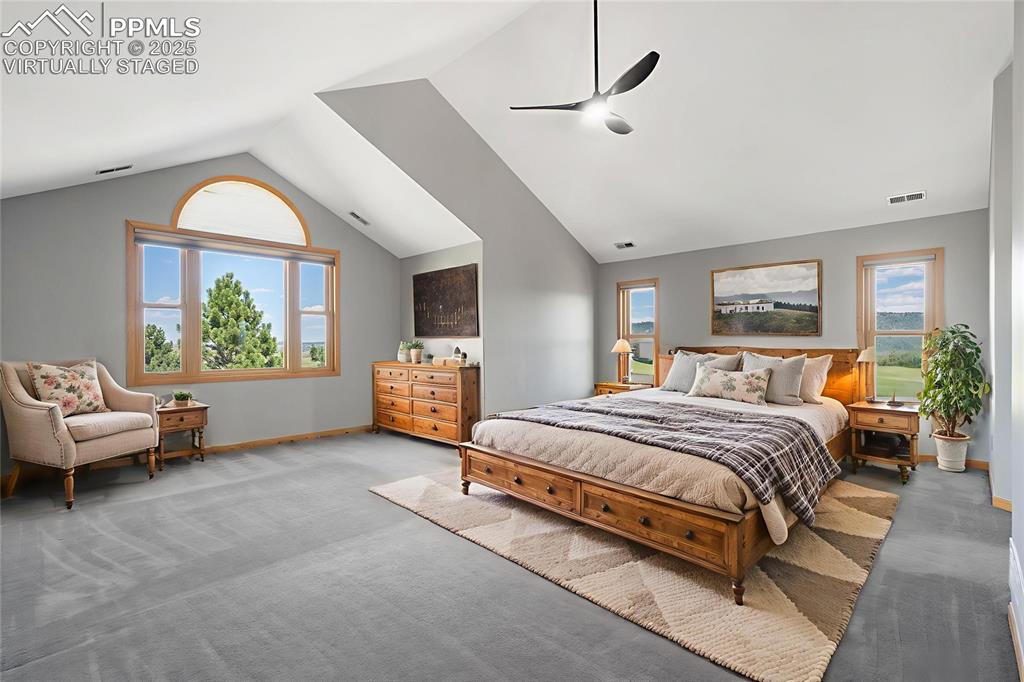 1680 Elk View Road Larkspur, CO 80118 - Photo 21 of 50 a spacious bedroom with a bed window and couch