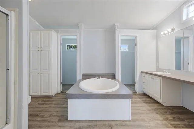 a bathroom with a tub a sink and a mirror