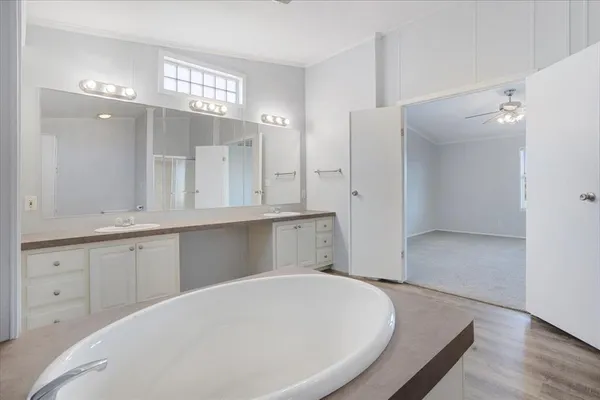 a bathroom with a tub sink and mirror
