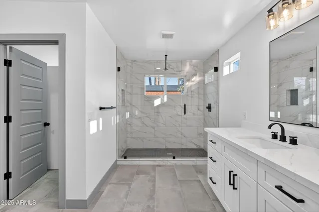 a bathroom with a sink a shower and a mirror