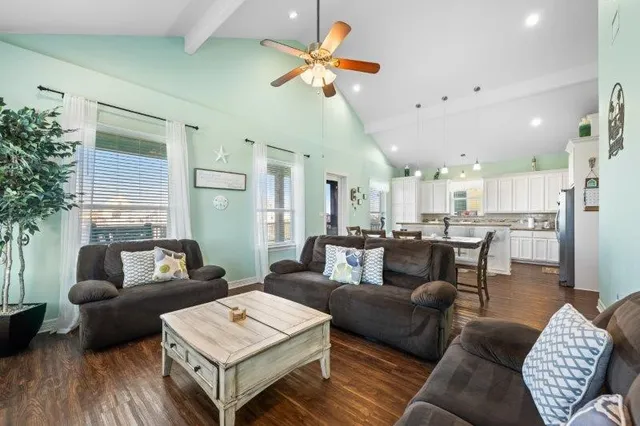 a living room with furniture kitchen view and a potted plant
