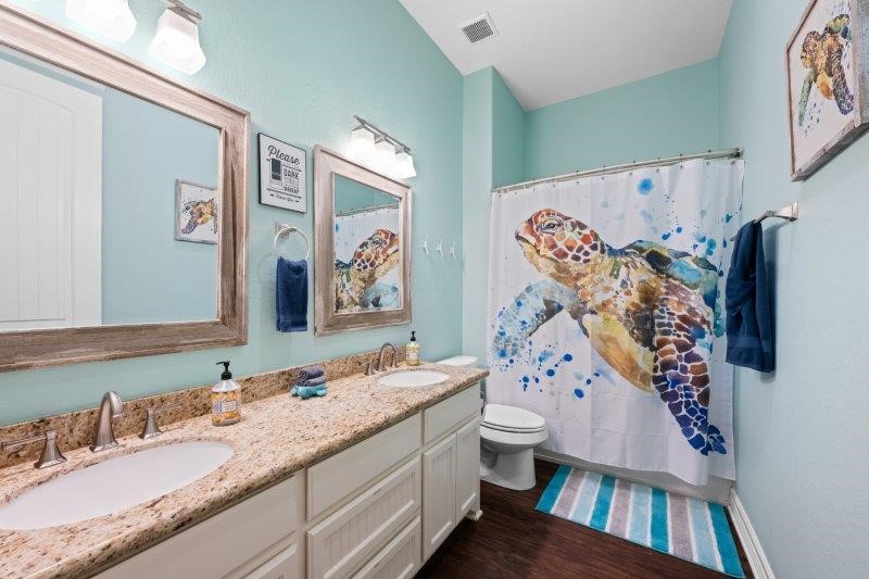 343 Jettyview Road Freeport, TX 77541 - Photo 28 of 44 a bathroom with a granite countertop sink and a mirror