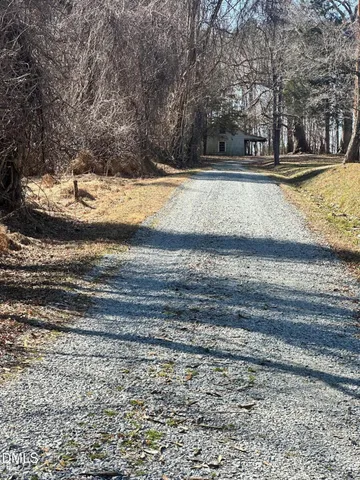 a view of dirt yard with large trees