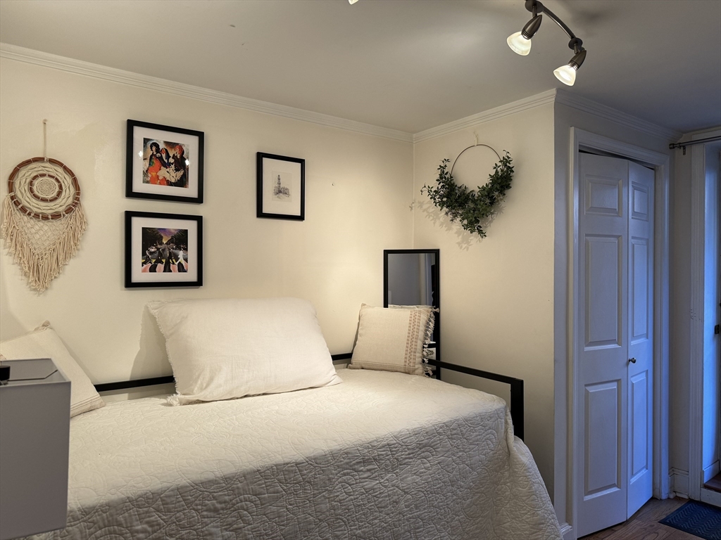 519 Columbus Avenue, Unit 1 Boston, MA 02118 - Photo 7 of 10 a bedroom with a large bed and a chandelier