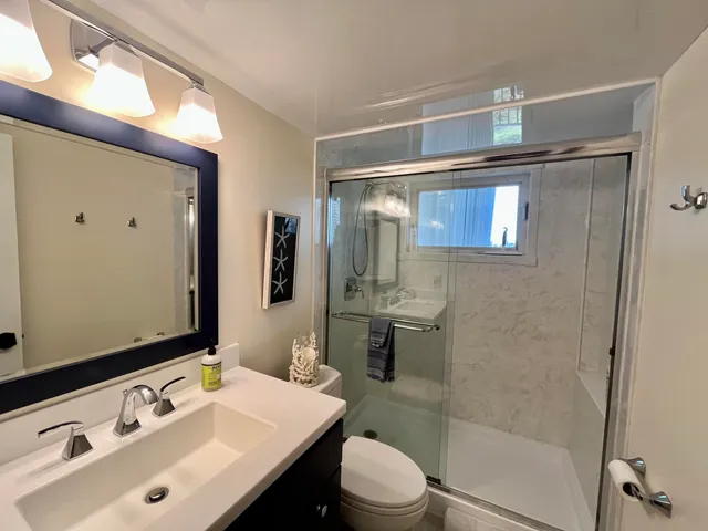 a bathroom with a sink vanity granite toilet and shower