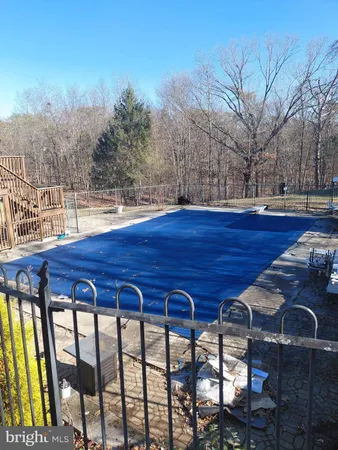 a view of a backyard with wooden floor and large trees