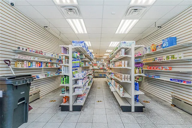 a view of a storage room with stairs