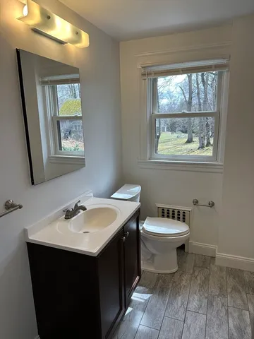 a bathroom with a sink toilet and mirror