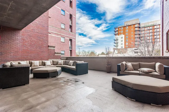 a roof deck with couches and a potted plant