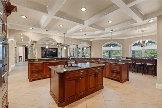 a view of a large body of water with a building in the background