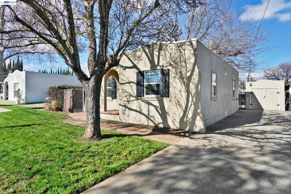 a view of a backyard with large trees