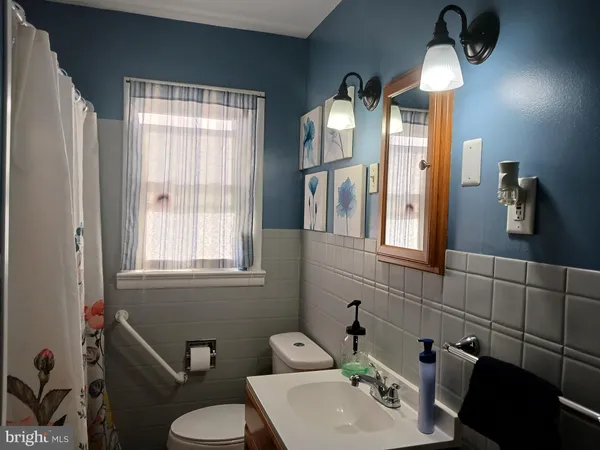 a bathroom with a sink a toilet and mirror