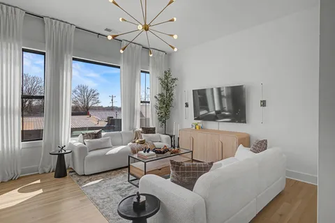 a living room with furniture and a potted plant