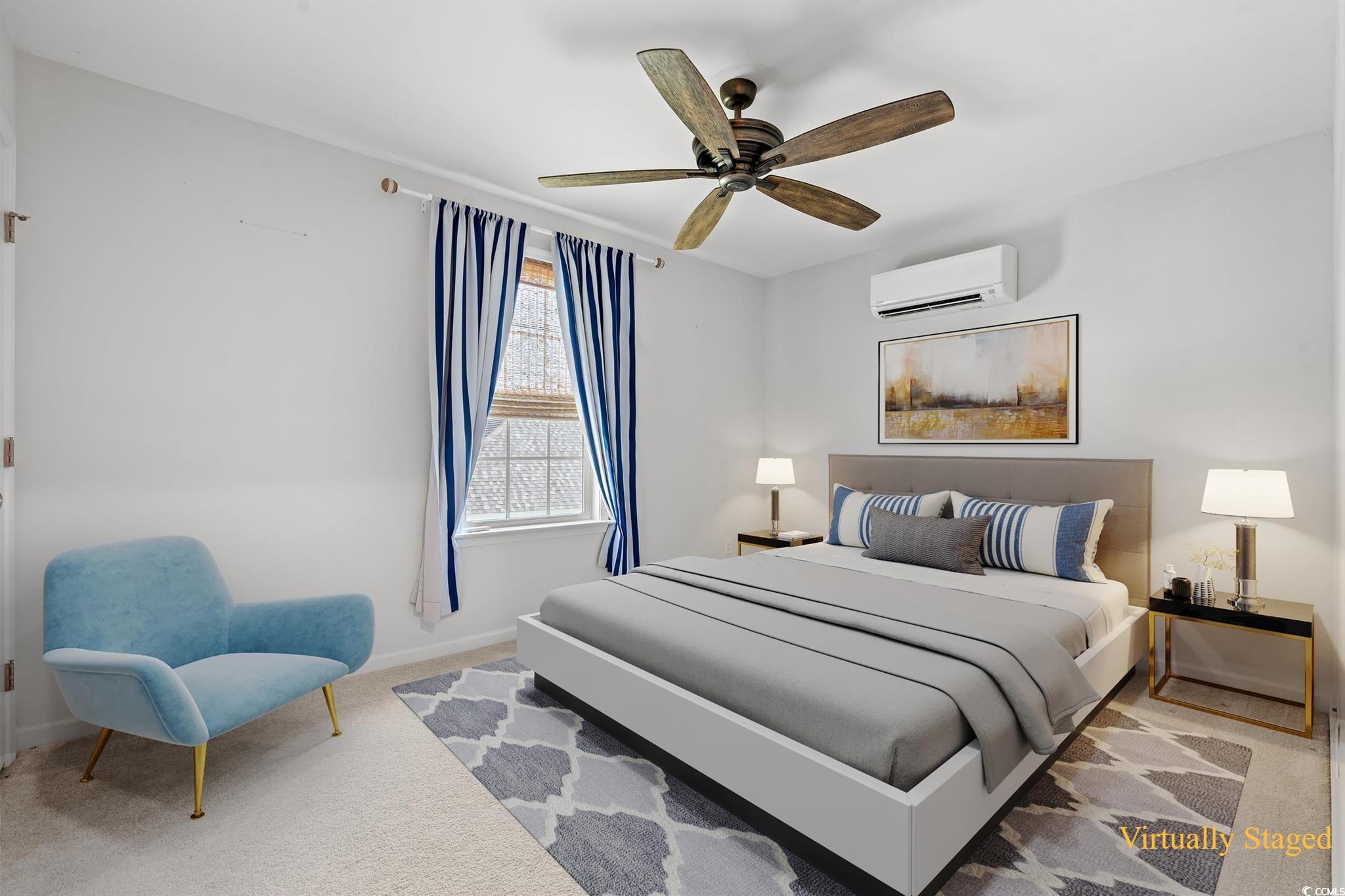 3026 Millstone Place Georgetown, SC 29440 - Photo 18 of 34 Bedroom featuring carpet floors, a wall unit AC, and ceiling fan