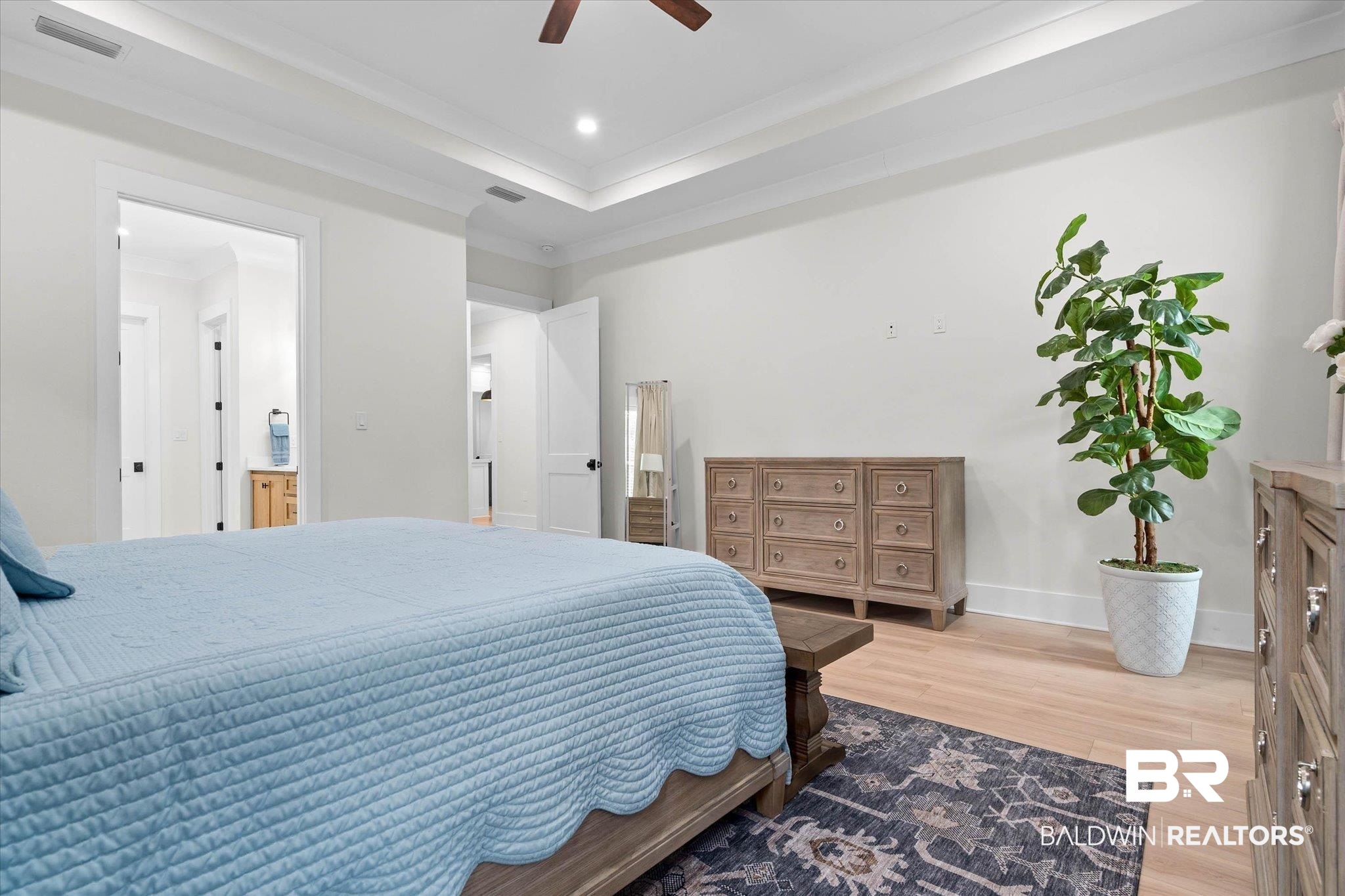 11 Creax Road Axis, AL 36505 - Photo 11 of 46 Spacious bedroom with light wood-finish flooring, white walls, and a tray ceiling
