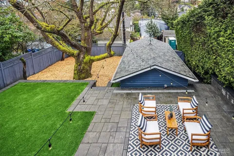 a backyard of a house with table and chairs