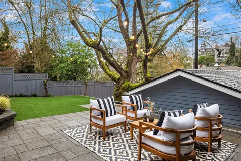 a backyard of a house with table and chairs