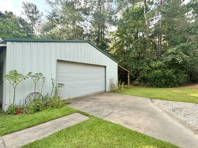 a view of a backyard with potted plants and large tree