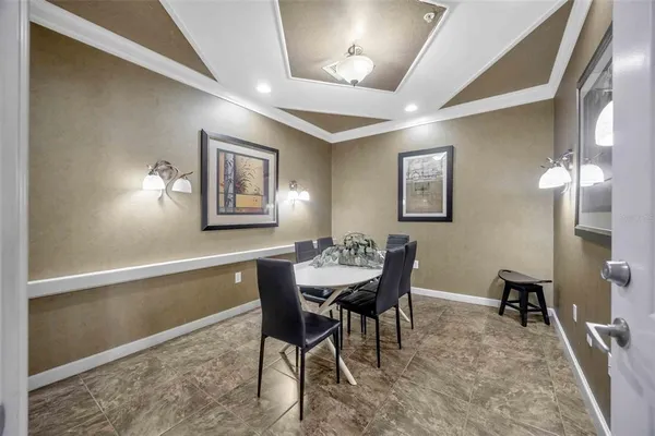 a view of a dining room with furniture