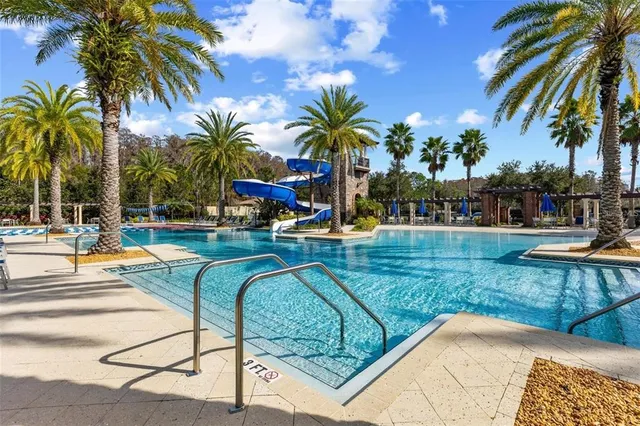 a view of swimming pool with outdoor seating and palm tree