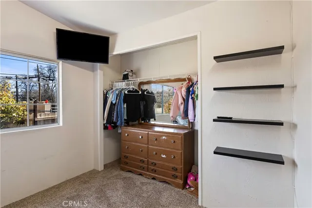 a bedroom with a bed and walk in closet