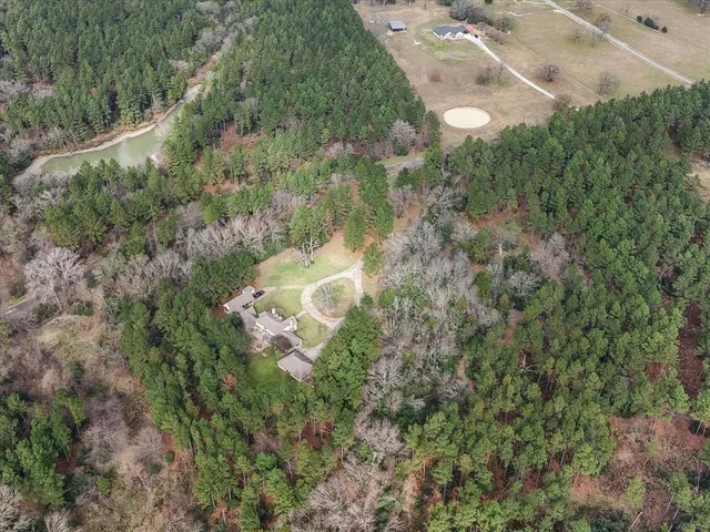 a view of a yard with trees in the background